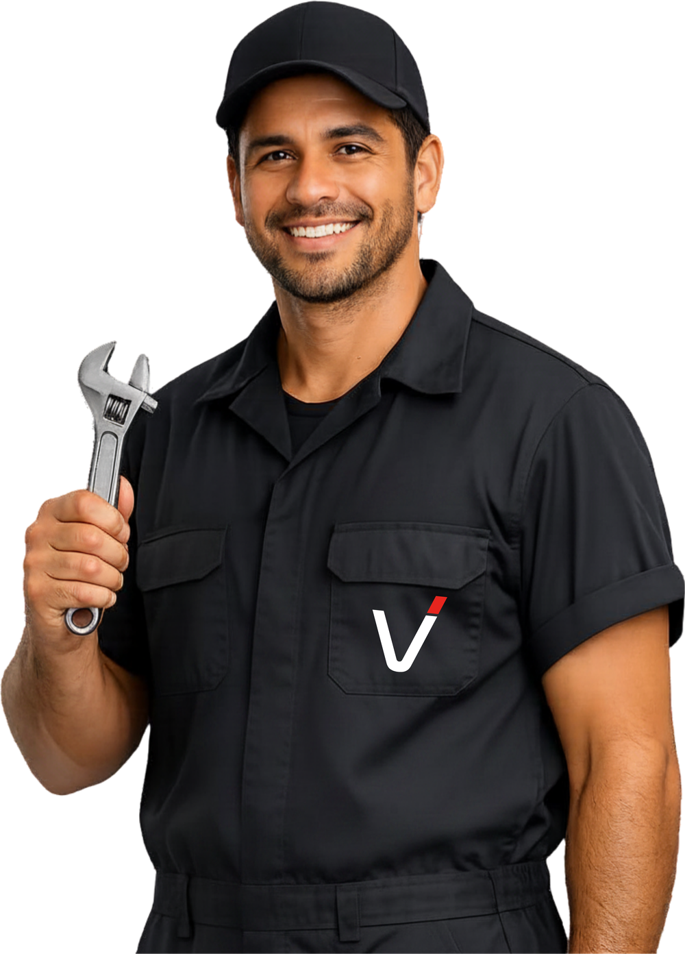 Prestador da rede Velox, de uniforme, com chave de grifo